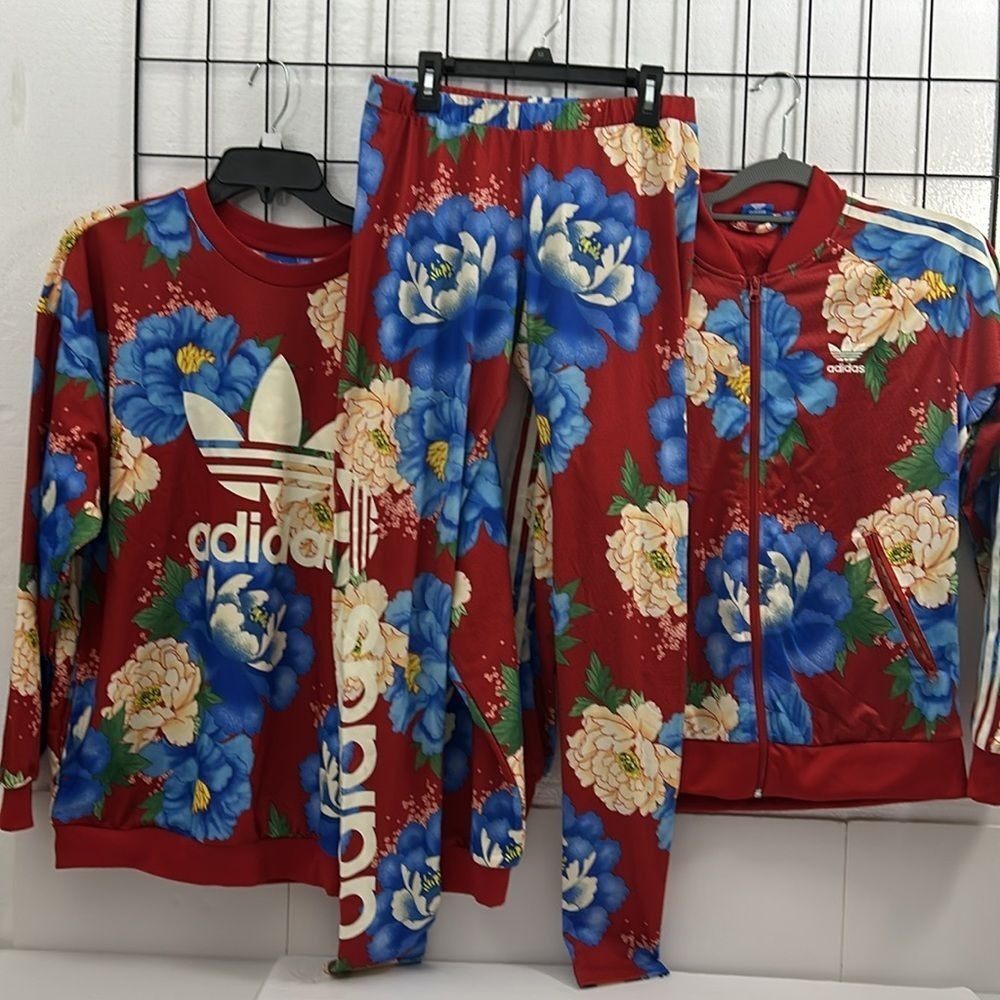 adidas 3 piece set: Red Floral Track Jacket, Leggings, & Sweatshirt - Picture 5 of 9